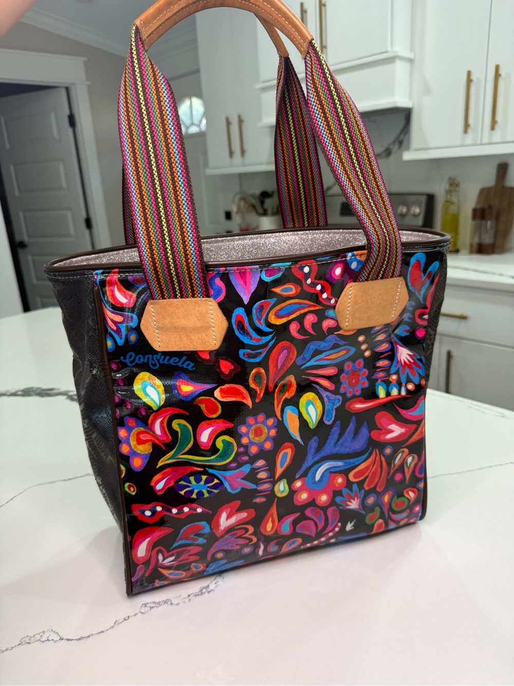 Consuela Floral Multicolor Medium Tote Bag Black Striped Handles Zip Pockets